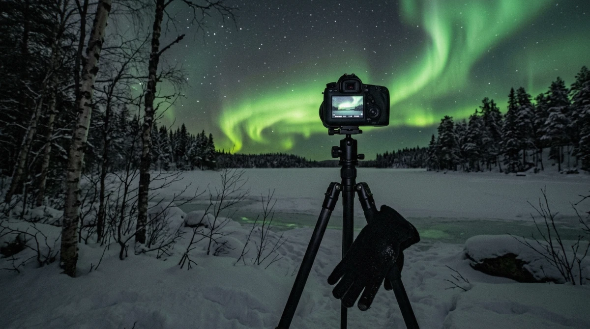 Camera on a tripod shooting a long exposure of green aurora over frozen forest on an aurora borealis tour Rovaniemi photographers join, Finland