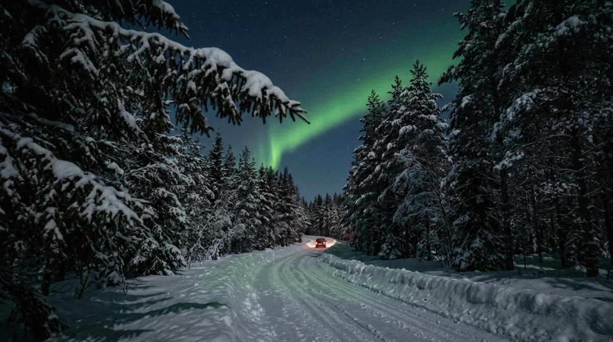 Snow-covered forest road north of Rovaniemi under a green aurora on an aurora borealis tour Rovaniemi guides call a hunt, Finnish Lapland