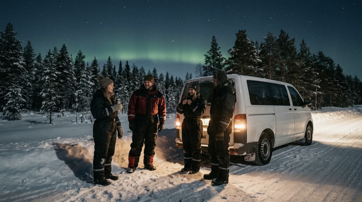Guide and guests in thermal overalls beside a minivan at a roadside stop during an aurora borealis tour Rovaniemi operators run in Finnish Lapland