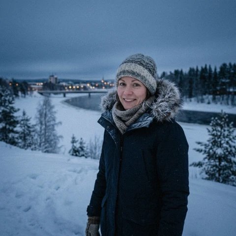 Elina Saarela, travel writer based in Rovaniemi, in a winter coat beside the Ounasjoki river where aurora borealis tour Rovaniemi vans set off, Finnish Lapland